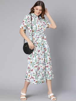 Oxolloxo - Women Ivory Cotton Floral Collar Neck Midi Dress with Belt