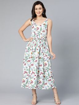 Oxolloxo - Women White Polyester Floral V-Neck Midi Dress