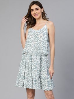 Oxolloxo - Women Blue Viscose Rayon Printed Shoulder Straps Mini Dress