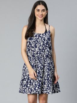 Oxolloxo - Women Navy Blue Cotton Floral Shoulder Straps Mini Dress