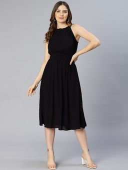 Oxolloxo - Women Black Polyester Solid Shoulder Straps Midi Dress