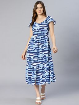 Oxolloxo - Women Blue Polyester Printed V-Neck Midi Dress