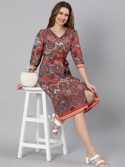 Oxolloxo - Women Red Polyester Floral V-Neck Midi Dress with Belt