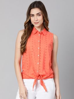 Oxolloxo - Sour Orange Schiff Fabric Tie-Knot Women Shirt
