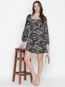Oxolloxo - Women Black Viscose Floral Square Neck Mini Dress
