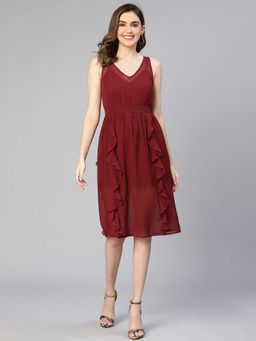 Oxolloxo - Women Maroon Polyester Solid V-Neck Midi Dress