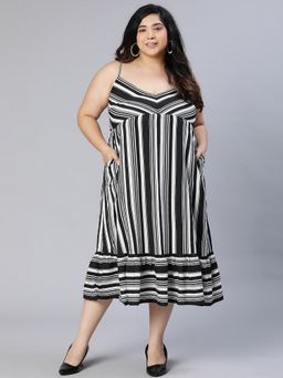 Oxolloxo - Women Black Viscose Rayon Stripes Shoulder Straps Maxi Dress