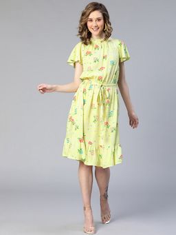 Oxolloxo - Women Yellow Viscose Rayon Floral Key Hole Neck Knee Length Dress with Belt