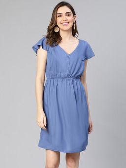 Oxolloxo - Women Blue Viscose Rayon Solid V-Neck Mini Dress