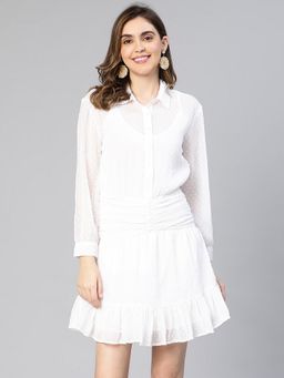Oxolloxo - Women White Polyester Solid Collar Neck Mini Dress