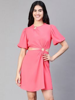 Oxolloxo - Women Pink Polyester Solid Round Neck Mini Dress