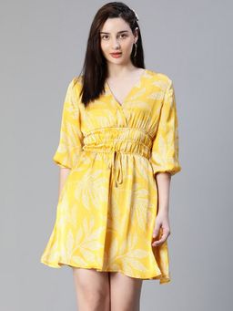 Oxolloxo - Women Yellow Polyester Printed V-Neck Mini Dress