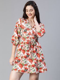 Oxolloxo - Women Multi-Colour Floral Print V-Neck Mini Dress