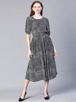 Oxolloxo - Women Black Viscose Rayon Printed Round Neck Midi Dress