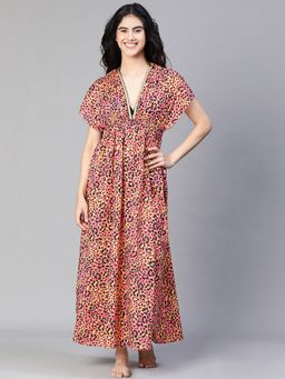 Oxolloxo - Women Multi-Colour Cotton Printed V-Neck Maxi Dress
