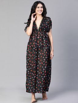 Oxolloxo - Women Black Polyester Printed V-Neck Maxi Dress