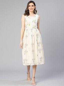 Oxolloxo - Women Beige Polyester Self Design Round Neck Midi Dress