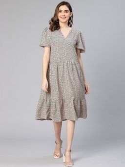 Oxolloxo - Women Grey Polyester Printed V-Neck Knee Length Dress