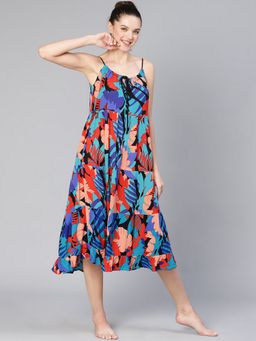 Oxolloxo - Women Multi-Colour Viscose Rayon Printed Shoulder Straps Midi Dress