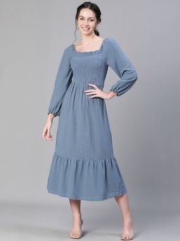 Oxolloxo - Women Blue Cotton Solid Square Neck Midi Dress