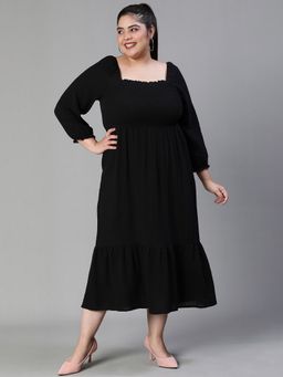 Oxolloxo - Women Black Cotton Solid Square Neck Midi Dress