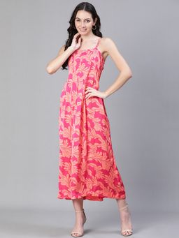 Oxolloxo - Women Pink Polyester Printed Shoulder Straps Maxi Dress