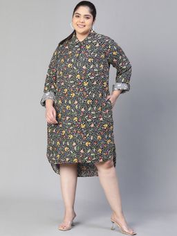 Oxolloxo - Women Multi-Colour Viscose Floral Collar Neck Knee Length Dress with Belt