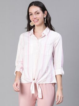 Oxolloxo - Minified Multicolour Stripe Paint Tie-Knot Women Cotton Shirt