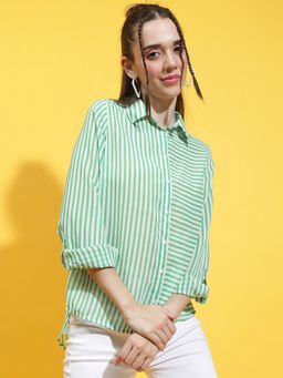Oxolloxo - Women's Green Collared Long-Sleeve Button-Closure with Stripe Print Shirt