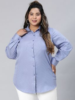 Oxolloxo - Women Plus Size Blue Collared Long-Sleeve with Stripe Print Cotton Blend Shirt