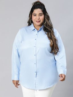Oxolloxo - Women Plus Size Blue Collared Button-Closure with Stripe Print Cotton Blend Shirt