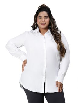 Oxolloxo - Women Plus Size White Collared Long-Sleeve Button-Closure Cotton Blend Shirt