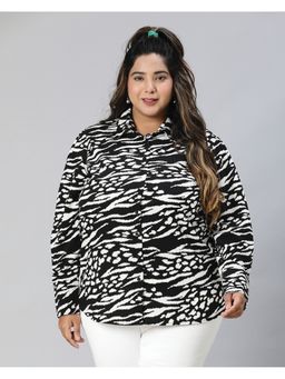 Oxolloxo - Women Plus Size Black Printed Collared Long Sleeve Shirt