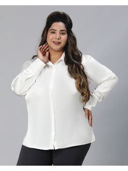 Oxolloxo - Women Plus Size Solid White Collared Long Sleeve Shirt