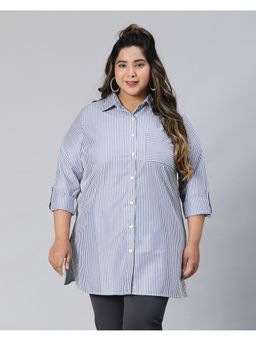 Oxolloxo - Women Plus Size Solid Blue Collared Long Sleeve Shirt