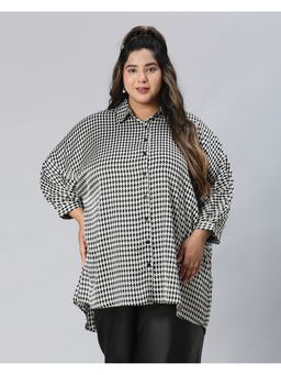 Oxolloxo - Women Plus Size Check Print Black Short Sleeve Button Detailed Baggy Style Shirt