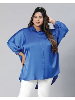 Oxolloxo - Women Plus Size Solid Blue Collared Short Sleeve Button Detailed Baggy Style Shirt