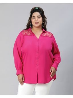 Oxolloxo - Women Plus Size Pink Lace Detailed Collared Long Sleeve Shirt