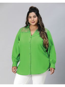 Oxolloxo - Women Plus Size Green Lace Detailed Collared Long Sleeve Shirt