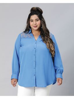 Oxolloxo - Women Plus Size Blue Lace Detailed Collared Long Sleeve Shirt