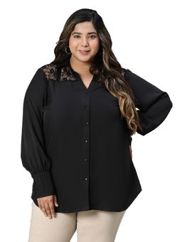Oxolloxo - Women Plus Size Black Lace Detailed Collared Long Sleeve Shirt