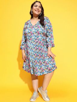 Oxolloxo - Women Multi-Colour Polyester Floral V-Neck Knee Length Dress