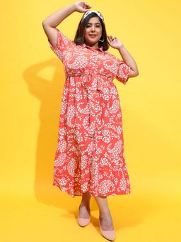 Oxolloxo - Women Rust Viscose Floral Collar Neck Maxi Dress with Belt