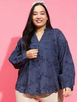 Oxolloxo - Women Plus Size Navy Blue Hand Embroidered V-Neck Cotton Shirt