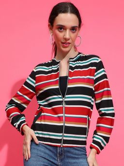 Oxolloxo - Women Multicolour Stripe Print Mandarin Neck Zip Lined Long Sleeve Bomber Jacket