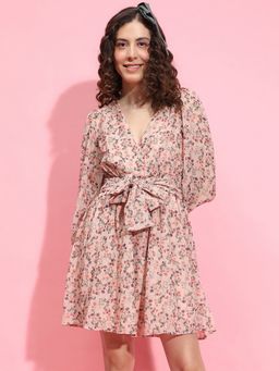 Oxolloxo - Women Pink Polyester Floral V-Neck Mini Dress