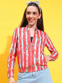 Oxolloxo - Women Red Colour Floral Print Mandarin Neck Zip Lined Long Sleeve Bomber Jacket