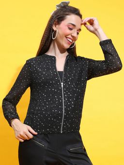 Oxolloxo - Women Black Foil Floral Print Mandarin Neck Zip Lined Long Sleeve Bomber Jacket