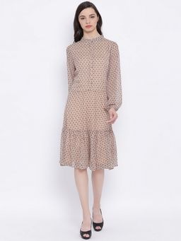 Oxolloxo - Women Beige Polyester Abstract Round Neck Knee Length Dress