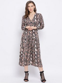Oxolloxo - Women Multi-Colour Polyester Abstract V-Neck Midi Dress